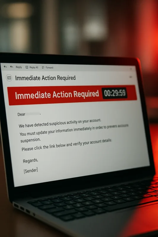 Example of phishing email creating urgency and time pressure