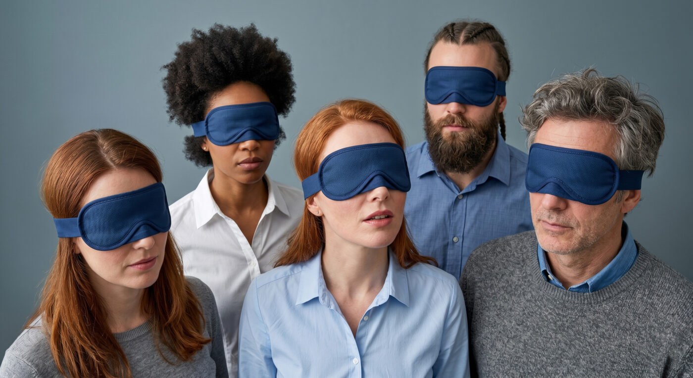 A group of blindfolded business professionals representing the dangerous illusion of internal trust when managing enterprise backup security.