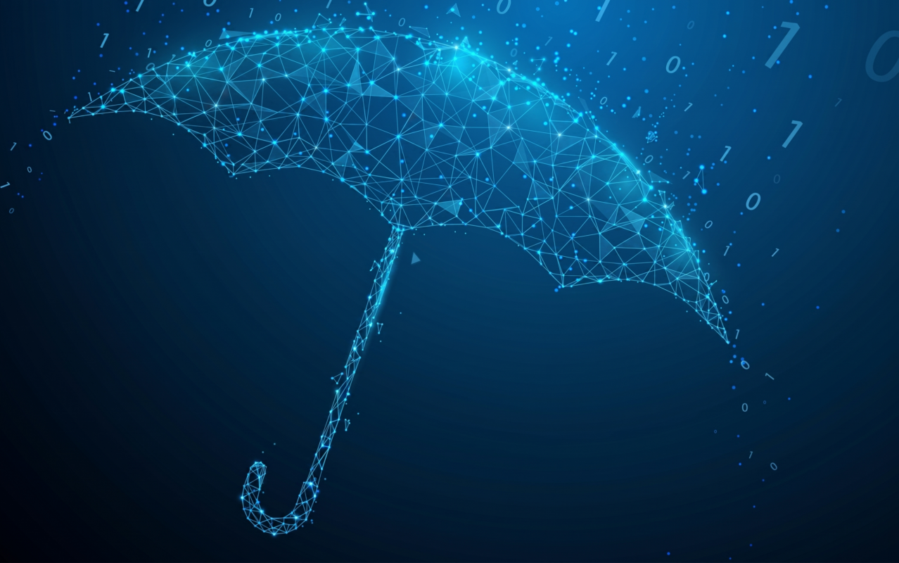Abstract digital umbrella made of glowing blue network nodes shielding against falling binary code, symbolizing cyber insurance protection and corporate network defense.