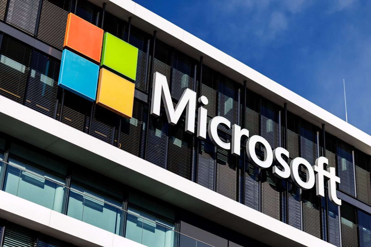 Microsoft logo on a corporate office building, representing Microsoft security updates and Windows vulnerability response.