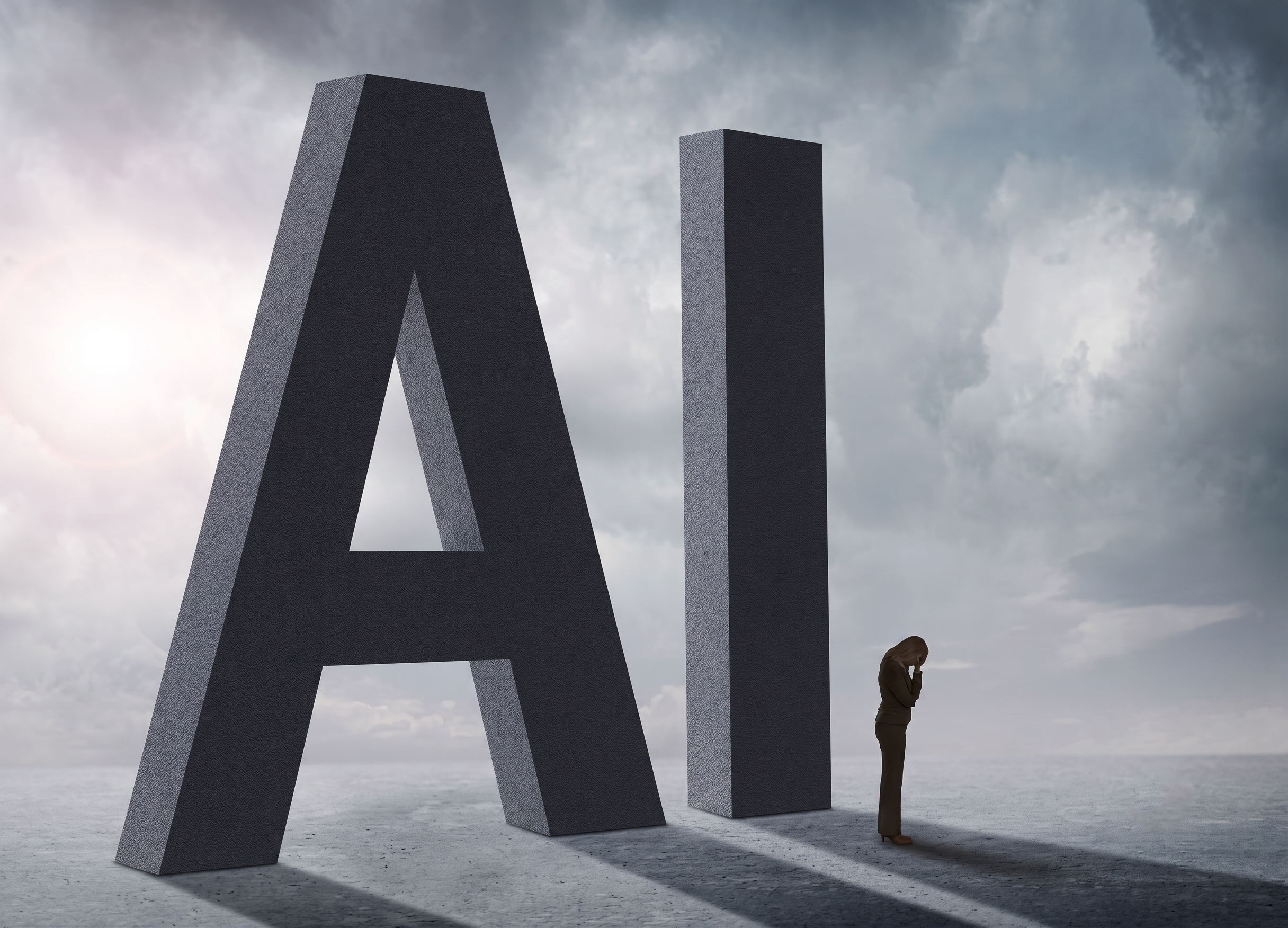 A small silhouette of a business professional standing under massive, imposing stone letters spelling AI, illustrating the heavy corporate liability and compliance burden caused by Shadow AI risks.
