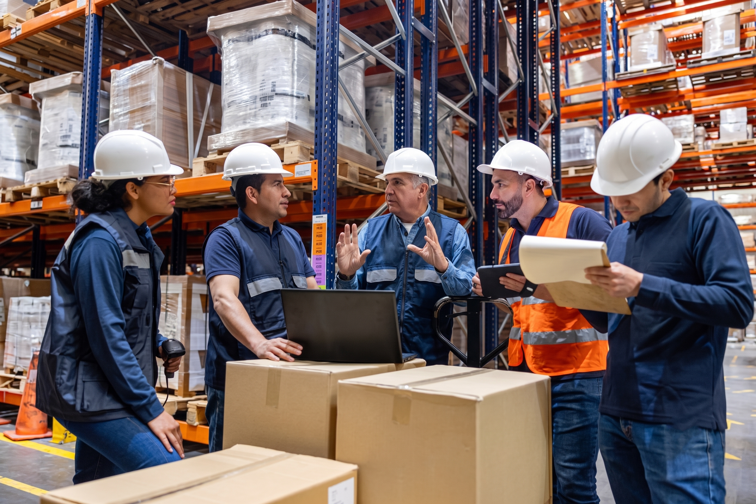 A group of warehouse managers in hard hats and vests huddle around a cardboard box, shaking hands with a suit-and-tie executive and viewing a prominent background computer array showing multiple 'SYSTEM HACKED' warning messages, illustrating a joint response to a critical cyber breach through shared operational trust and access management.