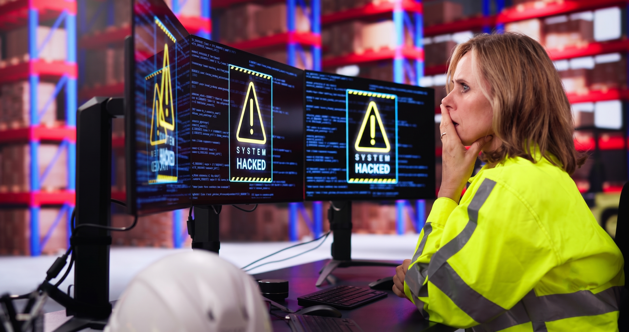 A prominent triple-monitor display on a mobile stand in a warehouse setting, with all three screens blazing red with 'SYSTEM HACKED' and warning icons, representing the result of a critical failure in identity and access management.