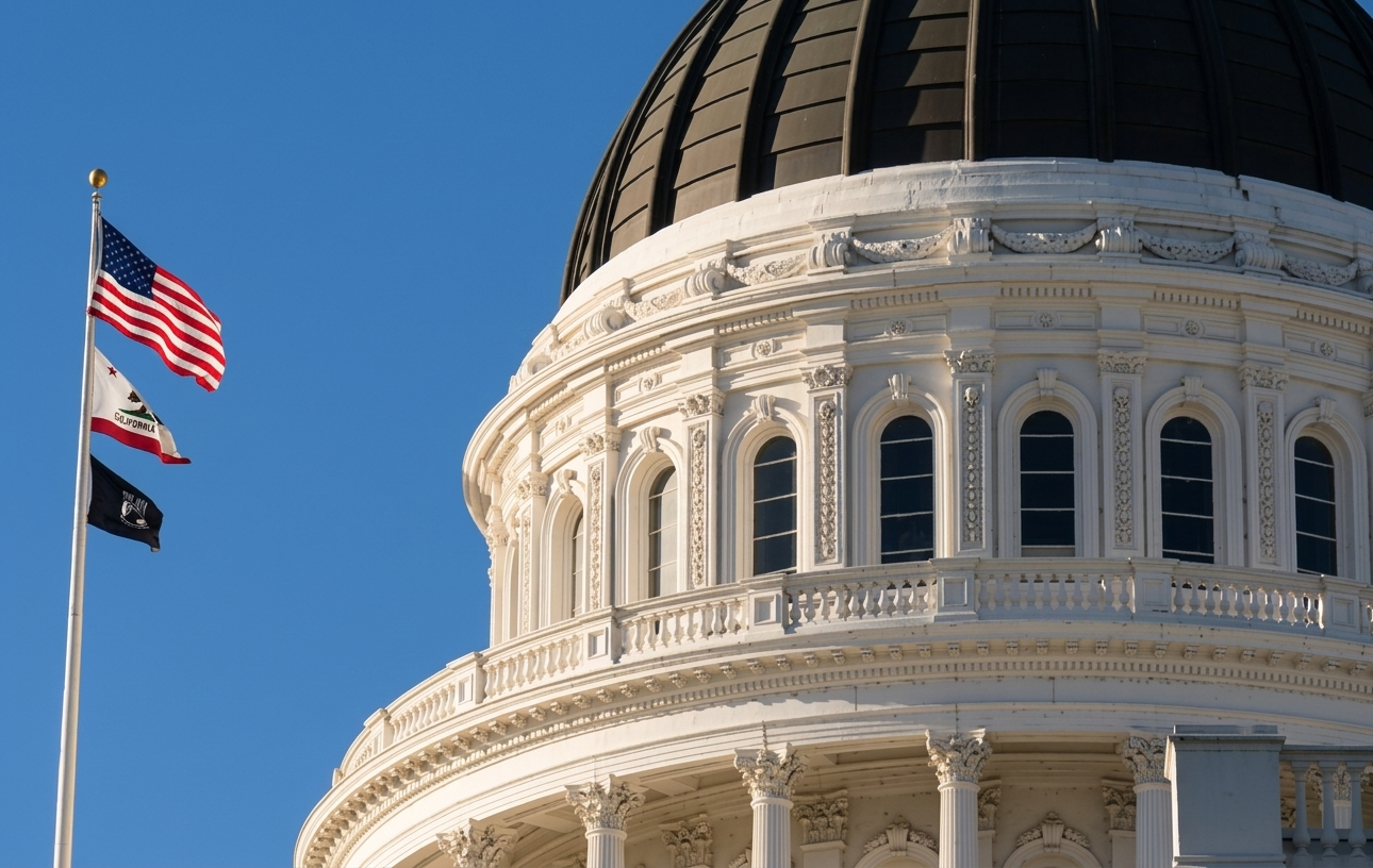 The California State Capitol dome and flags against a clear blue sky, representing the legislative origin of senate bill 122.