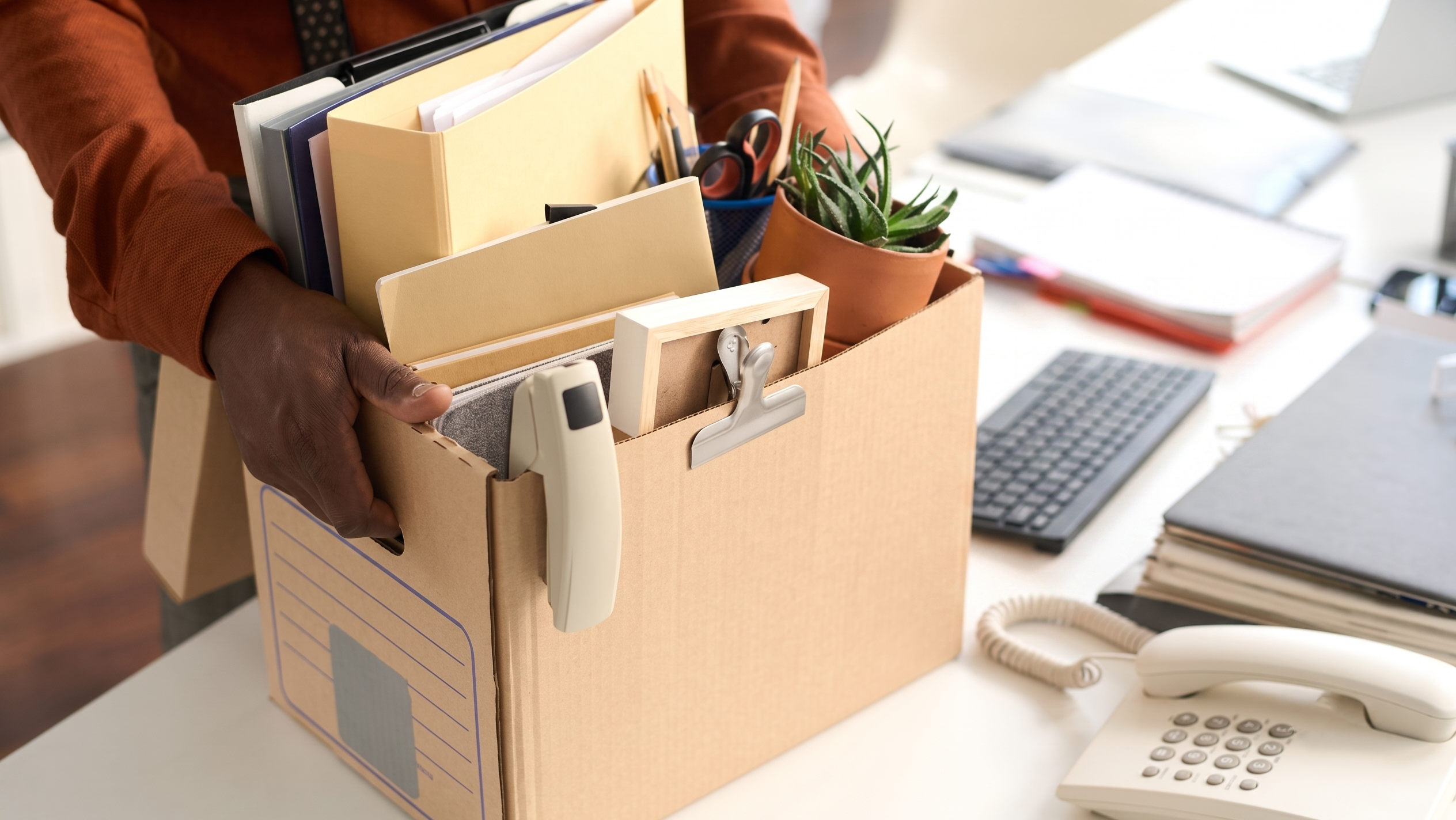 An office employee packing personal belongings during an employee offboarding process to protect corporate data.