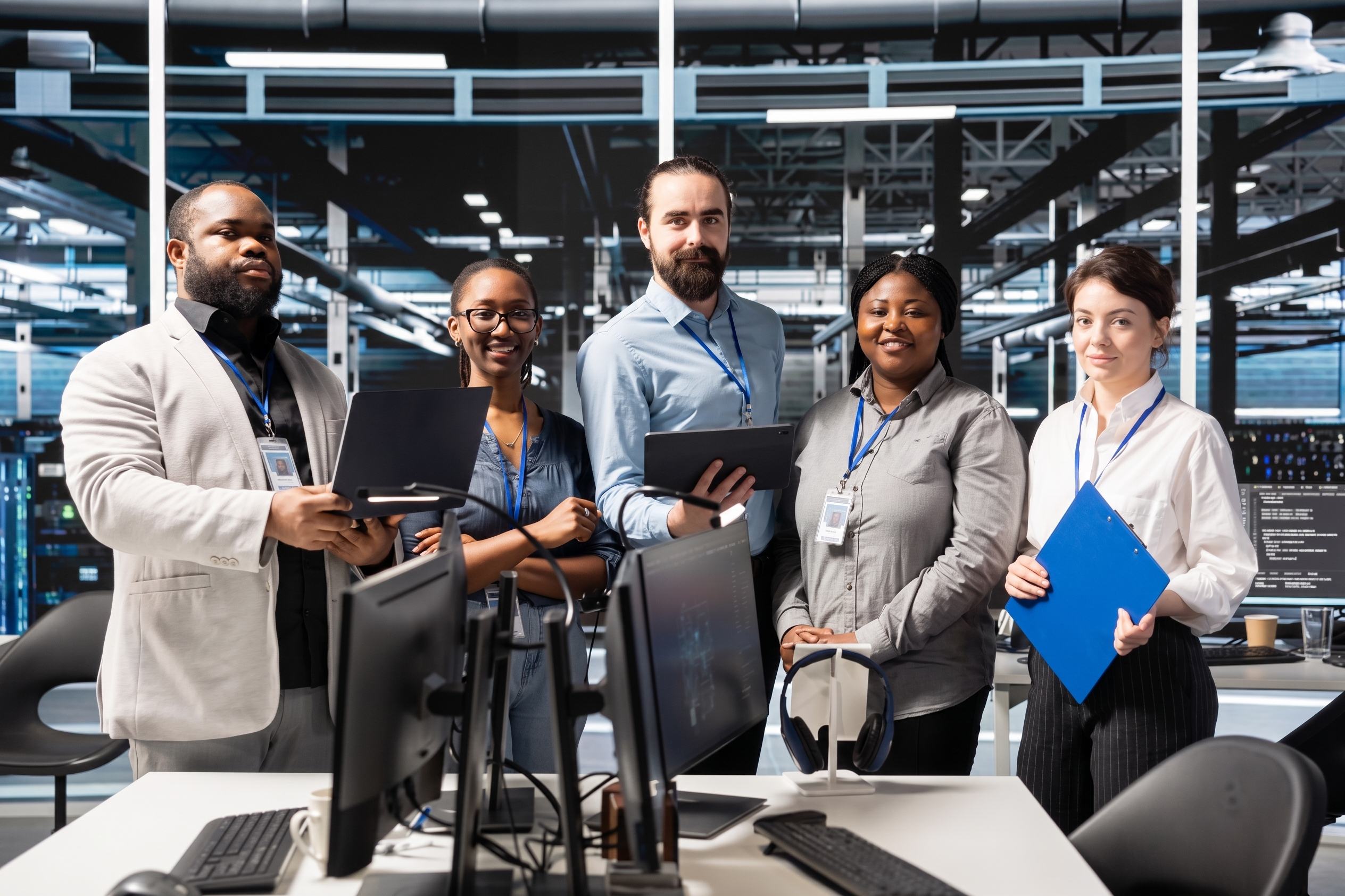 IT team standing together in a business technology environment