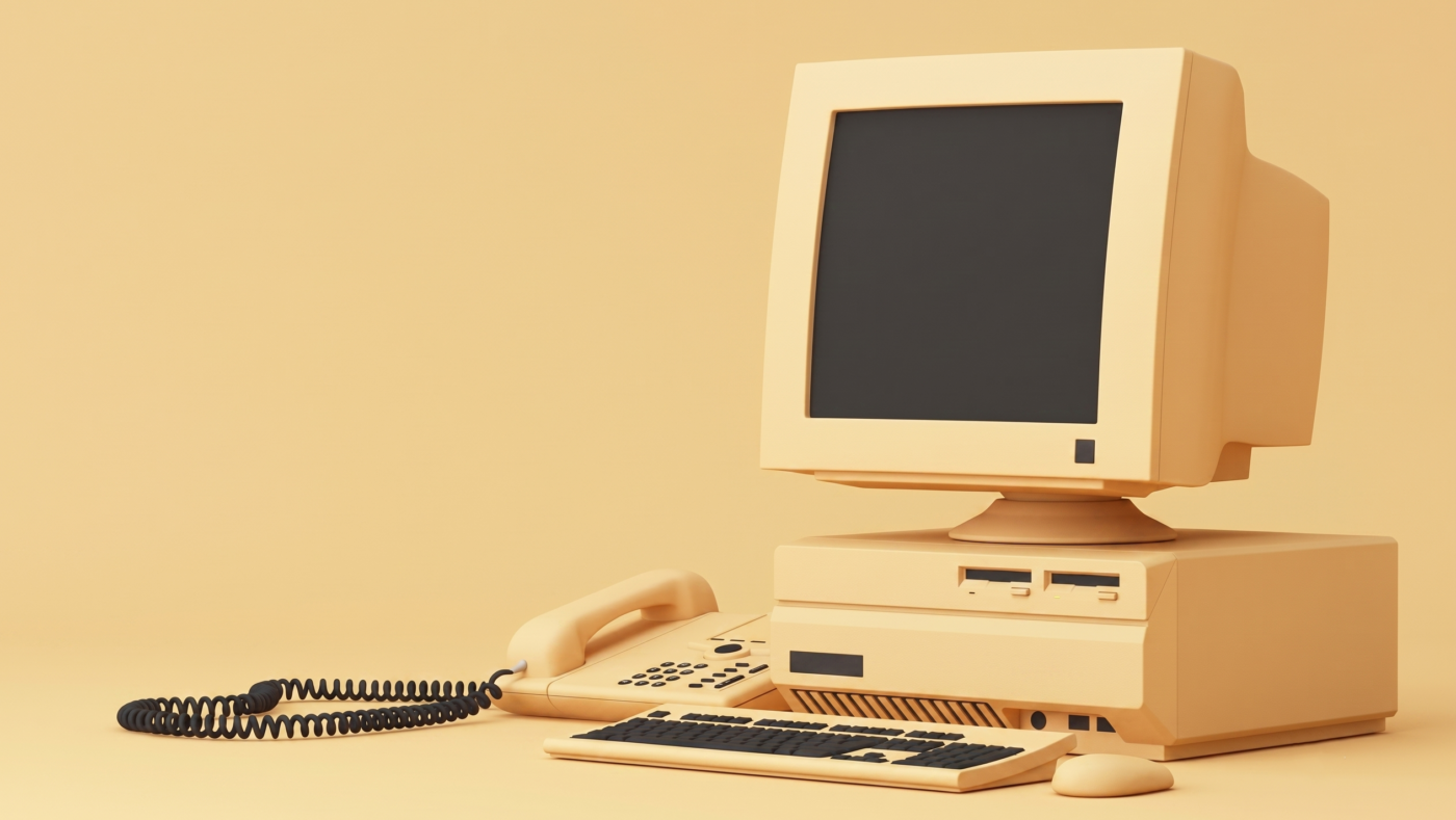 An obsolete desktop computer setup with a beige CRT monitor and a matching office telephone, visually representing the hidden operational risks of running an organization on legacy hardware.