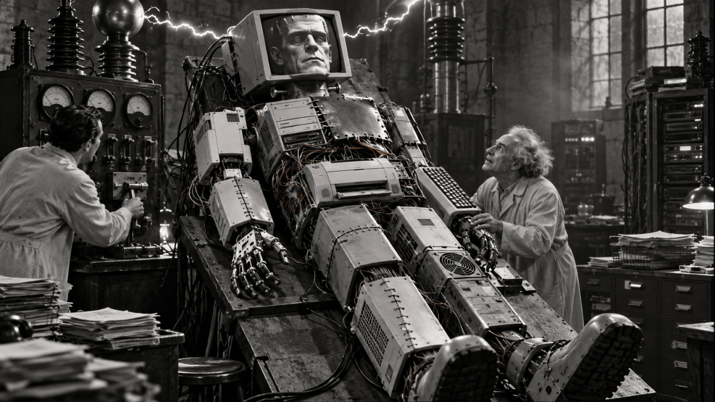 Frankenstein computer monster built from mismatched equipment on a laboratory table, symbolizing disconnected business systems.