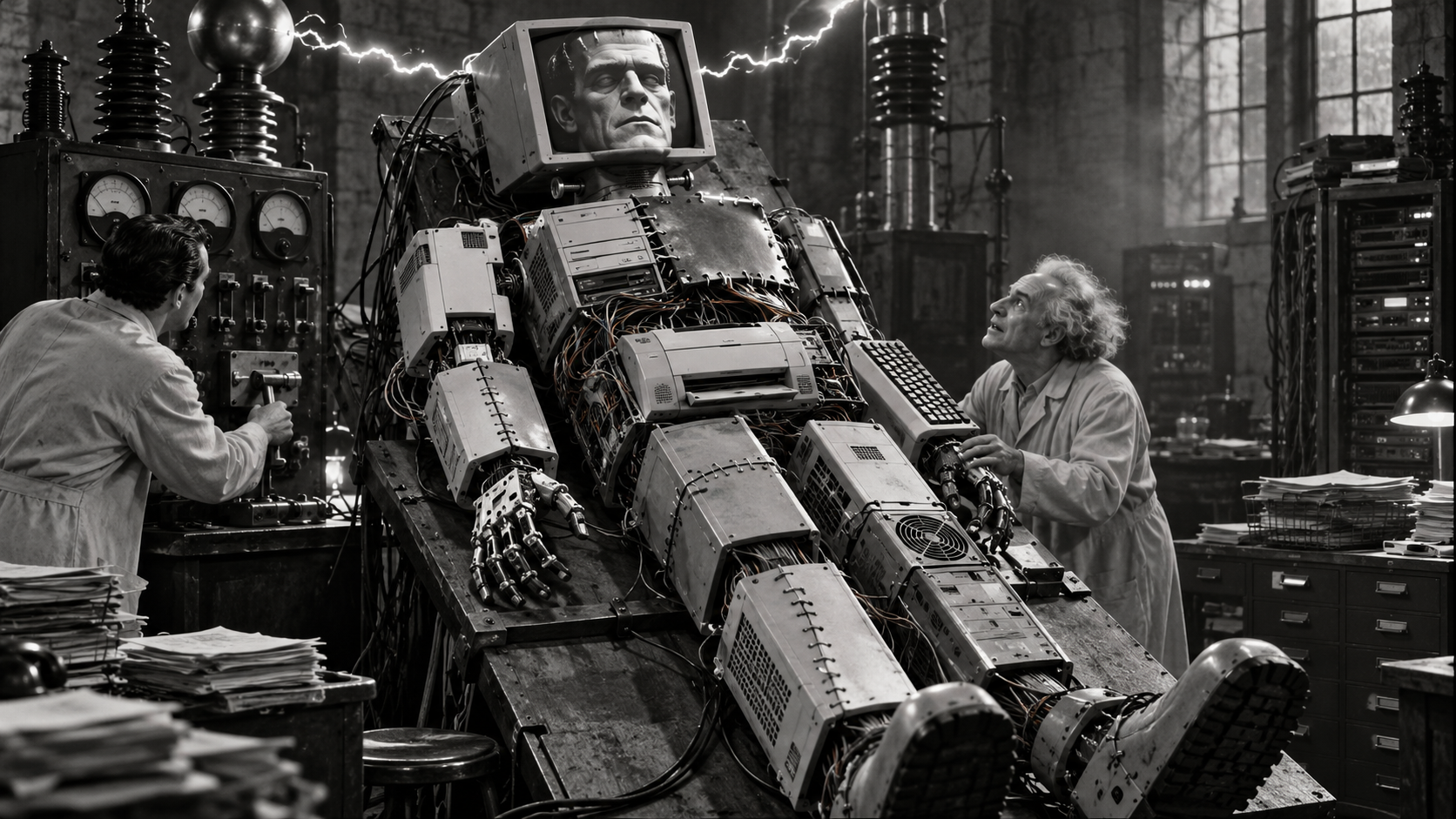 Frankenstein computer monster built from mismatched equipment on a laboratory table, symbolizing disconnected business systems.