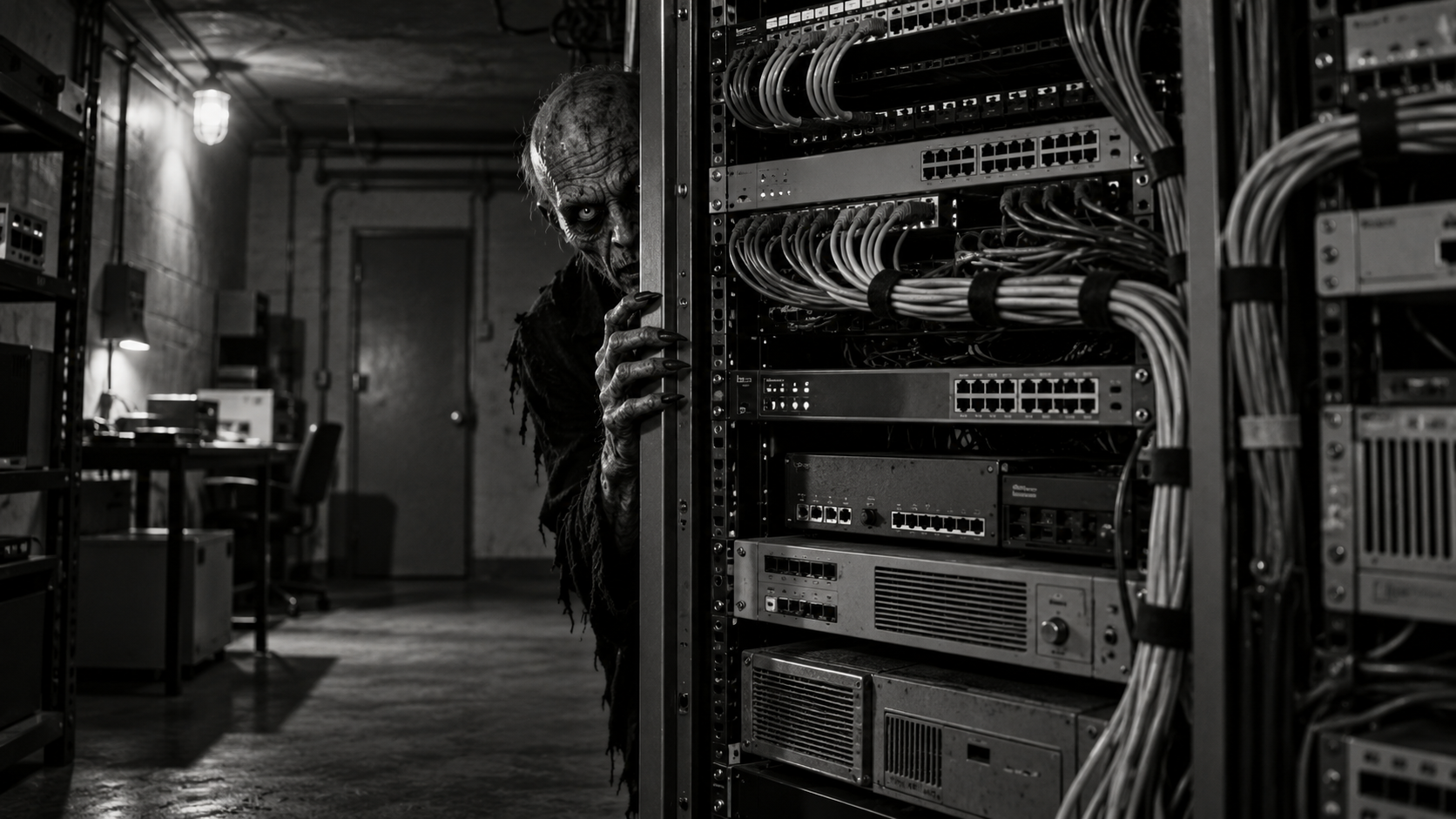 Black-and-white horror scene of a monster peeking from behind network equipment racks in a dim server room.