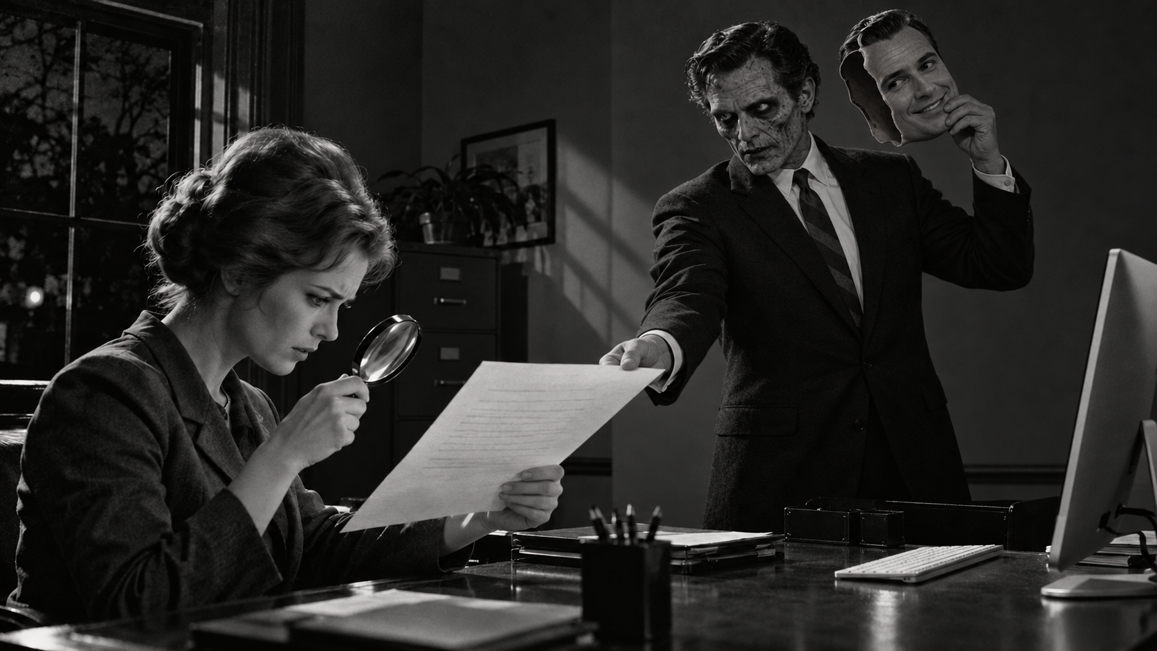 Woman inspecting a letter as a businessman removes a mask to reveal a zombie face, illustrating deceptive phishing emails.