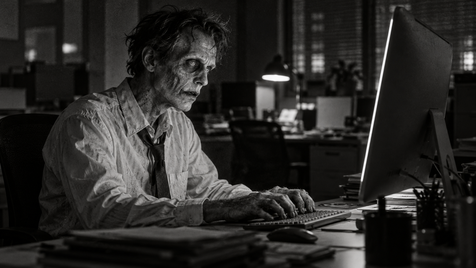Black-and-white zombie office worker using a computer, illustrating former employee accounts that still have access.